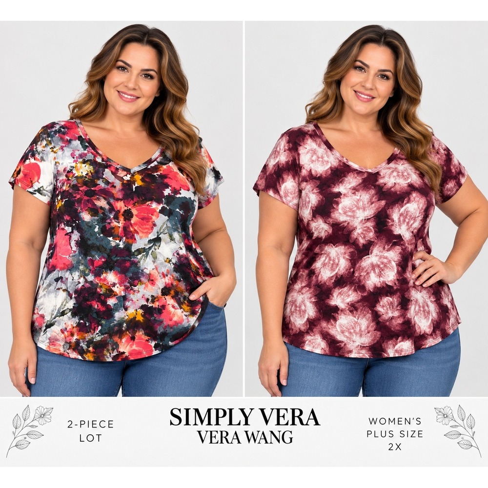 Simply Vera Vera Wang 2pc Lot Womens Plus 2X Floral V-Neck Short Sleeve Tops